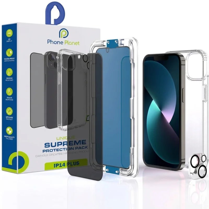 مجموعة الحماية PHONE PLANET 4 في 1 لهاتف iPhone – حافظة + واقي شاشة خصوصية + واقي عدسات الكاميرا