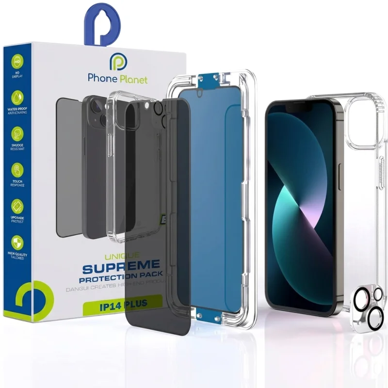 مجموعة الحماية PHONE PLANET 4 في 1 لهاتف iPhone – حافظة + واقي شاشة خصوصية + واقي عدسات الكاميرا