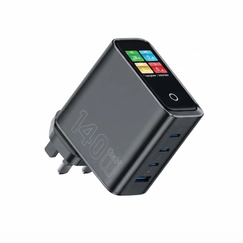 شاحن WIWU Wi-G028 GaN ذكي بقوة 140W مع شاشة رقمية و3 منافذ USB-C ومنفذ USB-A – 6977703659535