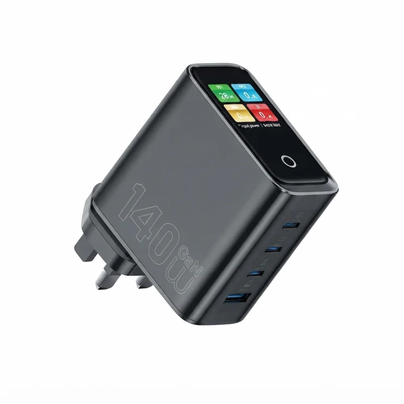 شاحن WIWU Wi-G028 GaN ذكي بقوة 140W مع شاشة رقمية و3 منافذ USB-C ومنفذ USB-A – 6977703659535