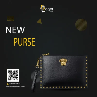 Medusa Studded Leather Zip Clutch – Black & Gold Edition | تصميم فاخر كلاسيكي | باقر ستور العراق