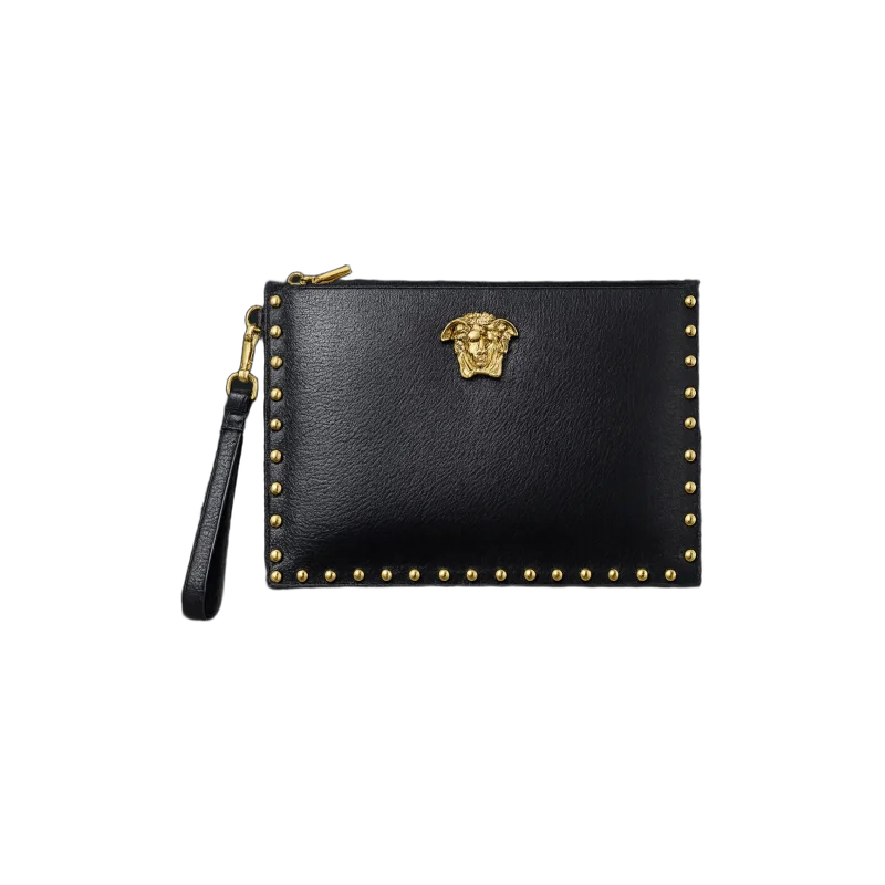 Medusa Studded Leather Zip Clutch – Black & Gold Edition | تصميم فاخر كلاسيكي | باقر ستور العراق