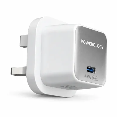 شاحن جداري Powerology بتقنية GaN بقوة 45 واط بمنفذ Type-C (قابس بريطاني UK) - أبيض/فضي