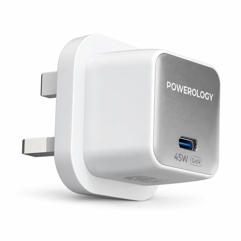 شاحن جداري Powerology بتقنية GaN بقوة 45 واط بمنفذ Type-C (قابس بريطاني UK) - أبيض/فضي 6284302709630