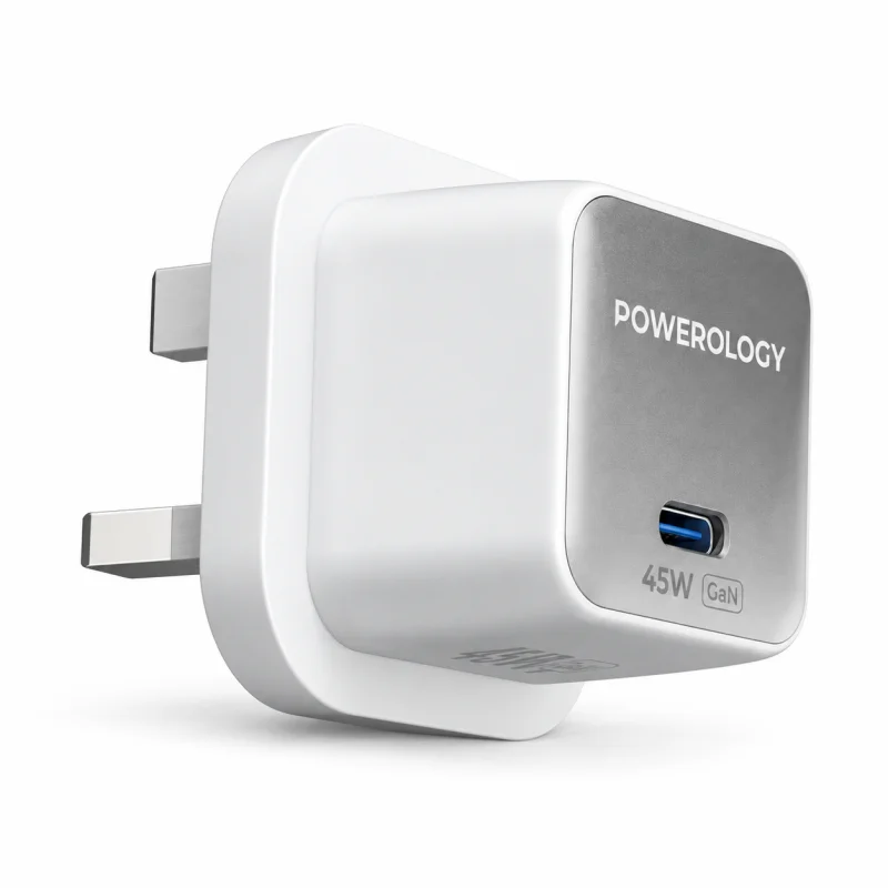 شاحن جداري Powerology بتقنية GaN بقوة 45 واط بمنفذ Type-C (قابس بريطاني UK) - أبيض/فضي 6284302709630