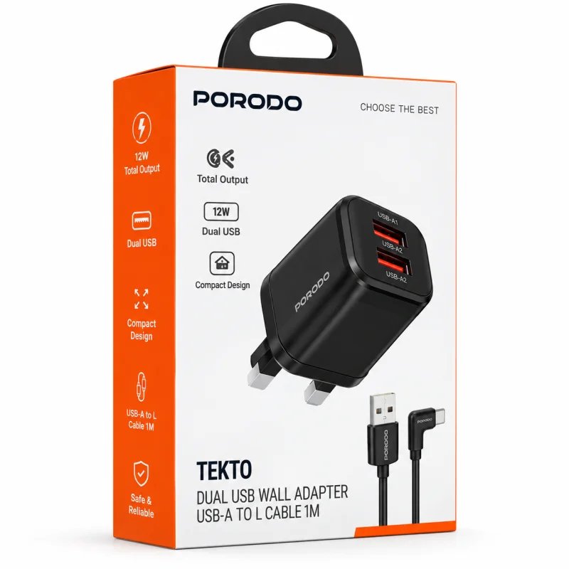 محول الطاقة "Tekto" ثنائي المنافذ بقوة 12 واط وشحن سريع 2.4 أمبير من Porodo – مع كابل Lightning أسود بطول 1 متر