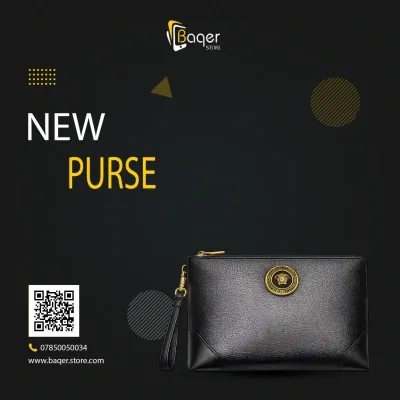 Medallion Leather Zip Clutch – Black & Gold Edition | تصميم فاخر كلاسيكي | باقر ستور العراق