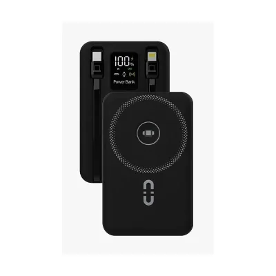 باور بانك وشاحن لاسلكي ماجسيف 10000mAh من برودو مع كيابل مدمجة (Type-C + Lightning) وستاند مدمج وشاشة رقمية – أسود |