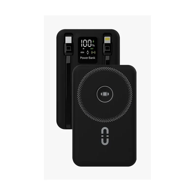 باور بانك وشاحن لاسلكي ماجسيف 10000mAh من برودو مع كيابل مدمجة (Type-C + Lightning) وستاند مدمج وشاشة رقمية – أسود | 9904781117692