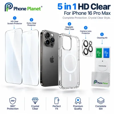 مجموعة الحماية المتكاملة 5 في 1 الشفافة Phone Planet لهاتف آيفون 16 برو ماكس (5-in-1 HD Clear Set)