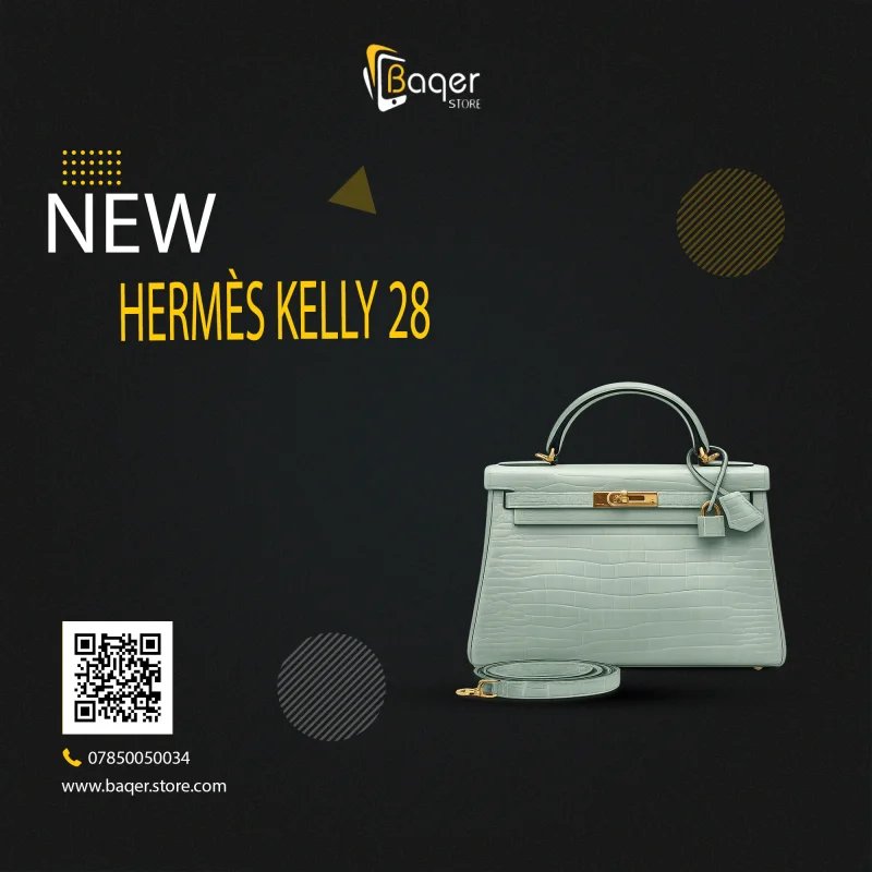 حقيبة Hermès Kelly 28 جلد تمساح Porosus مطفي بلون Vert D’Eau مع إكسسوارات ذهبية | تصميم فاخر مستوحى | باقر ستور العراق