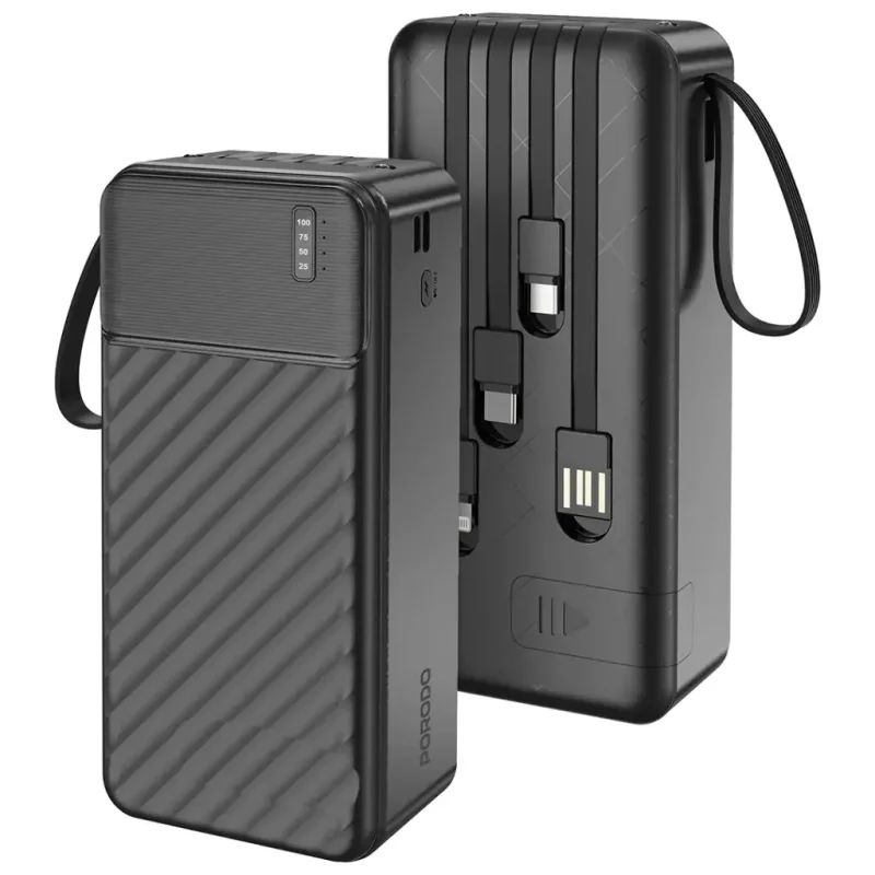 باور بانك بورودو بيانو سعة 30,000mAh بـ 4 كابلات مدمجة وحبل تعليق سحاب – أسود 990478195 8370