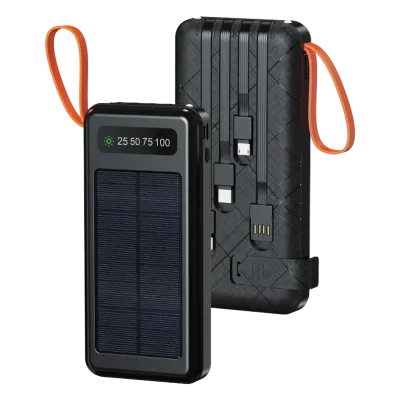 بنك طاقة شمسي سعة 10000 مللي أمبير مع كشاف وكابلات مدمجة 4 في 1 – أسود (Solar Power Bank 10000mAh with Torch & Built-in Cables)