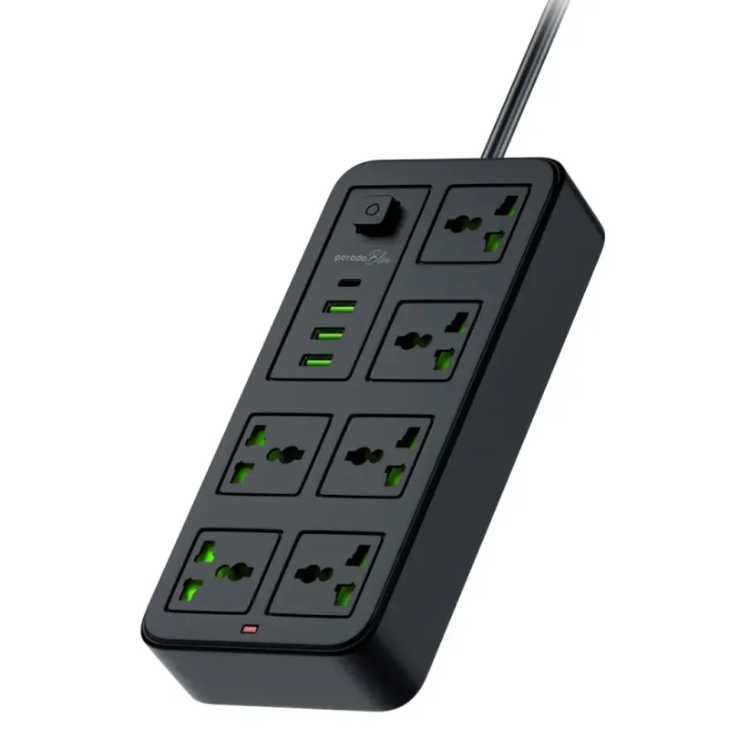 مقبس كهربائي بـ 6 منافذ AC مع منفذ Type-C و3 منافذ USB-A وسلك بطول 3 أمتار من بوردو بلو - أسود  6849108443531