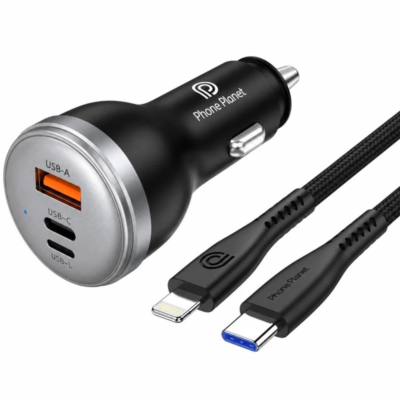 شاحن سيارة PHONE PLANET PP-CC07 بقوة 80 واط – 3 منافذ مع كابل USB-C إلى Lightning مدمج