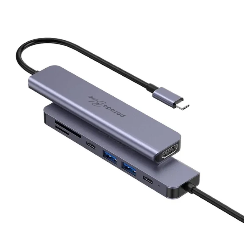 محول ووصلة هاب برودو بلو 7 في 1 تايب سي (دقة 4K HDMI، منفذي USB-A، منفذي Type-C، وقارئ كروت SD / MicroSD) – رمادي 6849108444200