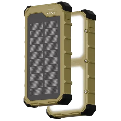 باور بانك وشاحن طاقة شمسية باورولوجي سولارا سعة 20000mAh مقاوم للماء والغبار مع لوحين إضاءة LED مدمجين وشحن سريع
