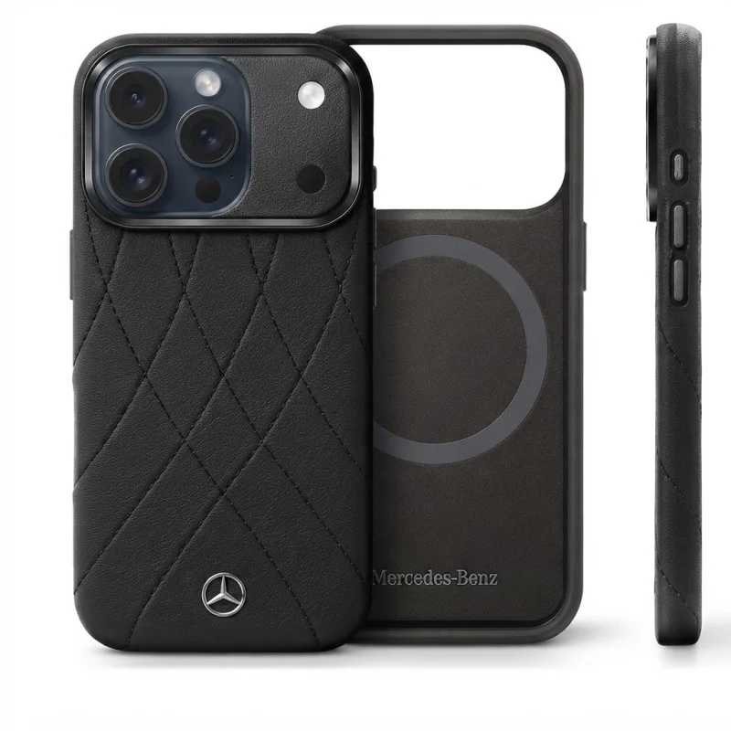 كفر Mercedes-Benz MagSafe من جلد PU بتصميم الخطوط المتقاطعة لهواتف iPhone Pro Max
